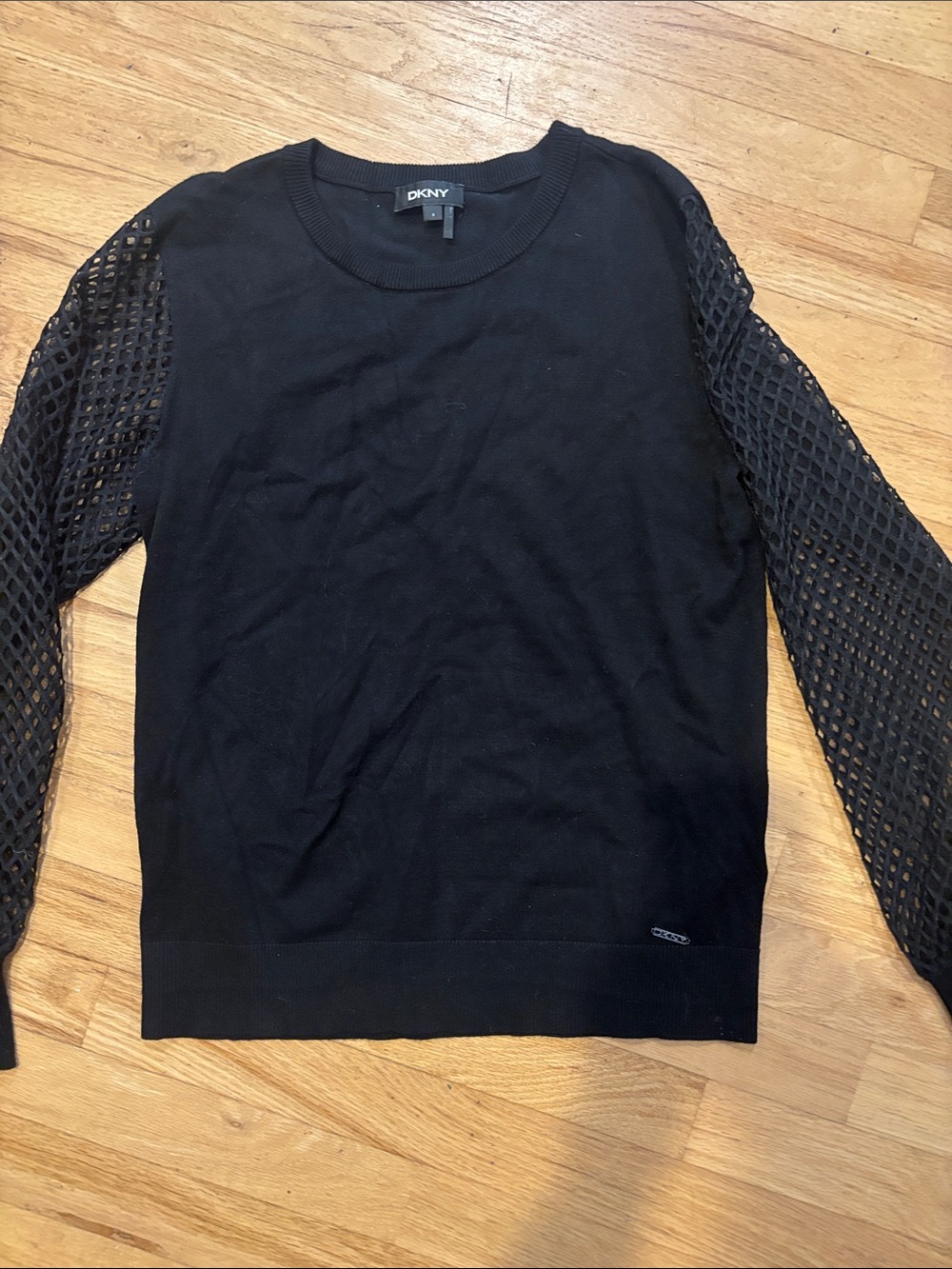 DKNY Black Crewneck Sweater with Mesh Openwork Sleeves